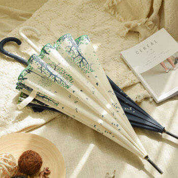 长い伞の柄のままぐすの伞の晴雨の両は森を使って复古の女子学生の半自动伞の韩国の小さい清日系の文芸の长い伞の柄の女性の米の白を结び付けます。